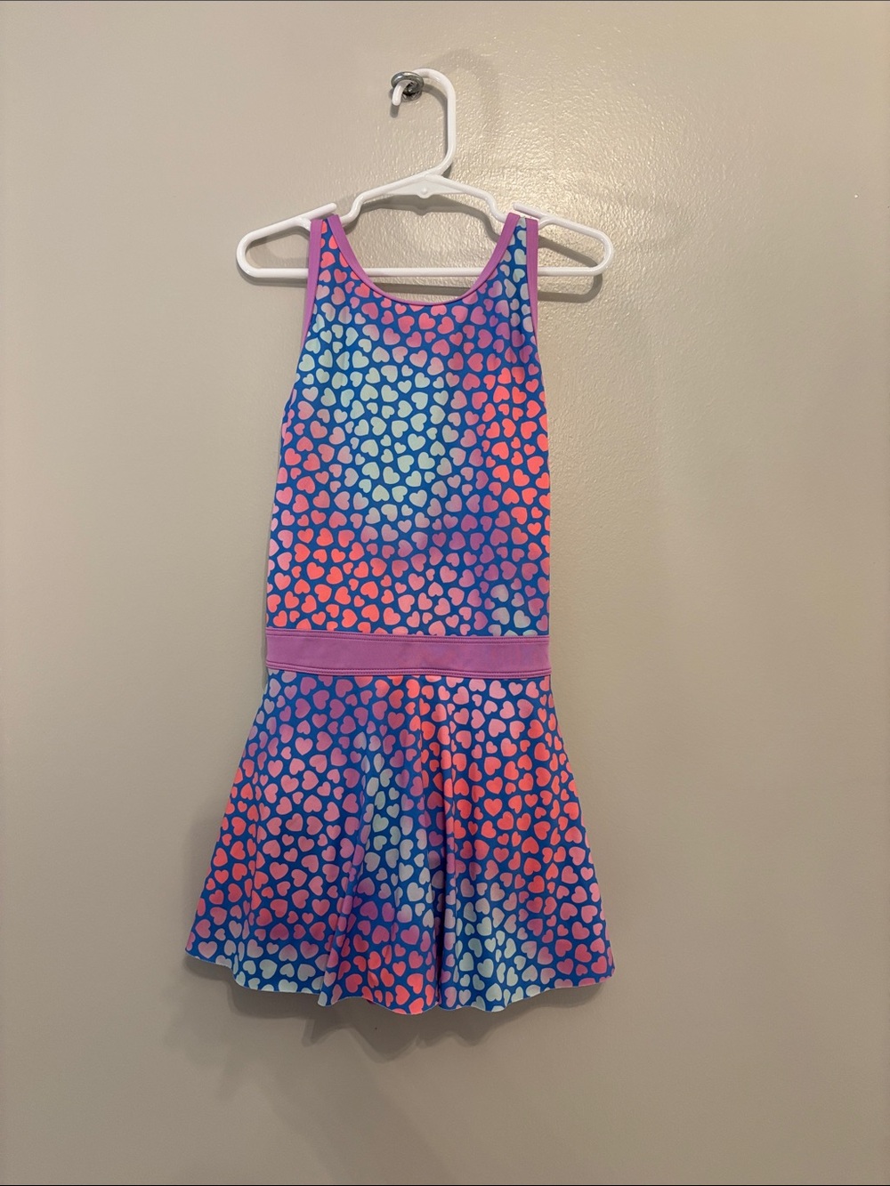 Lands' End Girls Heart-Print Tank Swim Dress in Yellow, Blue and Pink